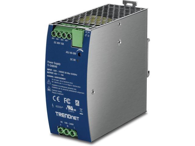 TRENDnet 480W, 48 56V DC, 10A AC to DC DIN-Rail Power Supply with PFC Function, TI-S48048, 150% Peak Load Capability, UL 62368 Certified