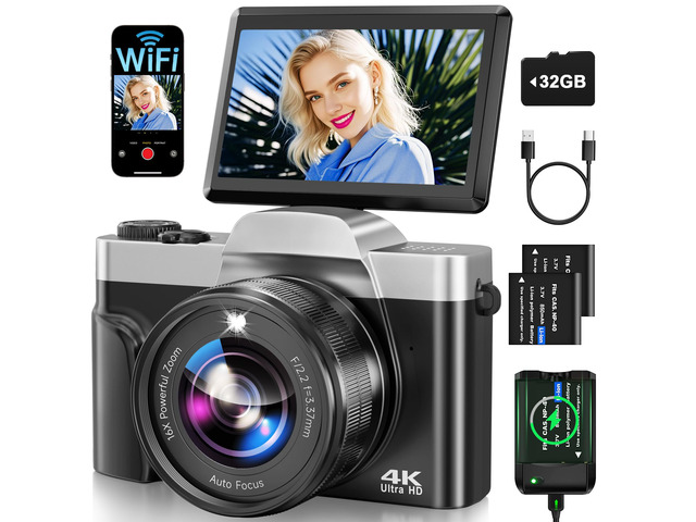 4K Digital Camera for Photography with WiFi 64MP Auto-Focus Vlogging Camera for YouTube Video 3'' 180° Flip Screen 4K Cameras 16X Zoom Anti-Shake...