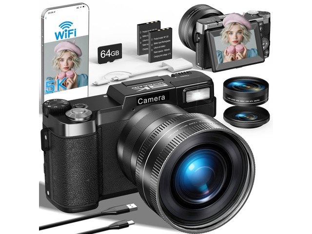 5K Digital Camera with WiFi, Cameras for Photography with 180°Flip Screen, Vlogging Camera with 64GB Card, Battery, Camera for Beginner, Teens