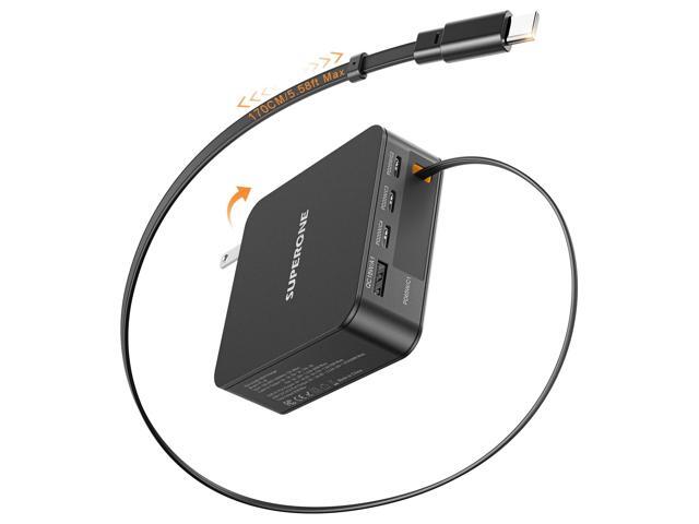 Retractable Laptop Charger, with USB C Fast Charging Cable5 in 1 65W GaN Charger with Built-in 5.6ft Retractable USB-C Cable, 5 Ports, for...