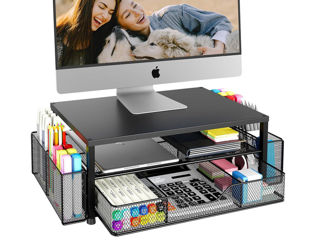 Desk Organizer and Accessories, 2-Tier Computer Monitor Stand Riser with Drawer and 2 Pen Holders, Laptop Stand, Office Desk Accessories for Office...
