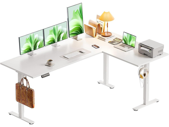 63 Inch Electric L-Shaped Standing Desk, Reversible Corner Desk with Height Adjustment, Large Ergonomic Workstation for Home Office, Reception...