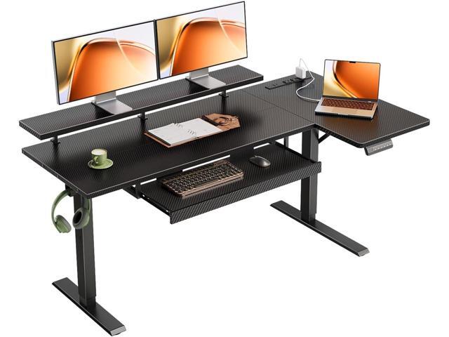 55 Inch L Shaped Electric Standing Desk with Keyboard Tray, Reversible Height Adjustable Corner Computer Desk with Monitor Stand, Sit Stand Up Lift...