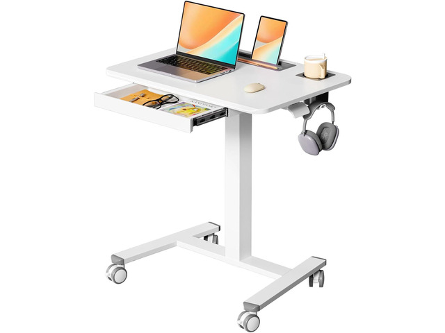 Mobile Standing Desk with Drawer, 28' Rolling Desk with Cup Holder and Hooks, Portable Laptop Cart on Wheels, Height Adjustable Workstation with...