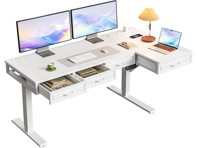 L Shaped Electric Standing Desk with Wooden Drawers, 55 Inch Height Adjustable Corner Workstation with Power Outlets, Sit Stand Table for Home,...