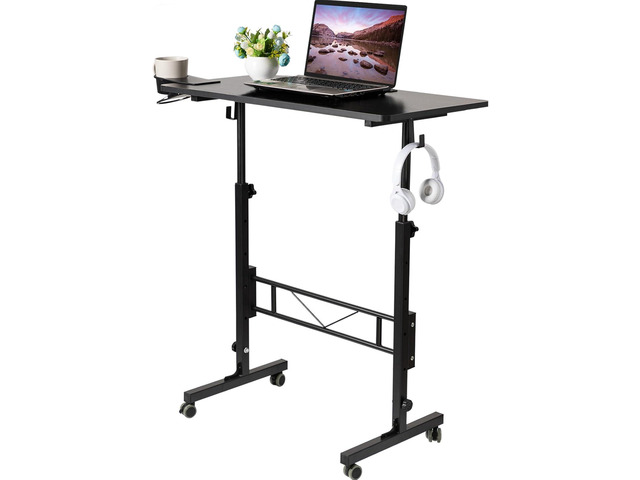 Standing Desk Adjustable Height, Small Mobile Table with Wheels, Rolling Desk for Standing or Sitting, Portable Computer Desk for Walking Pad, Black
