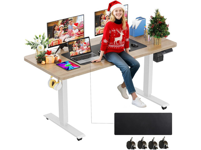 Electric Standing Desk Adjustable Height, 55 x 24 Inch Stand up Desk with Large Mouse Pad, Rolling Wheels & Foot Pad,27'-46' Lifting Range Home...