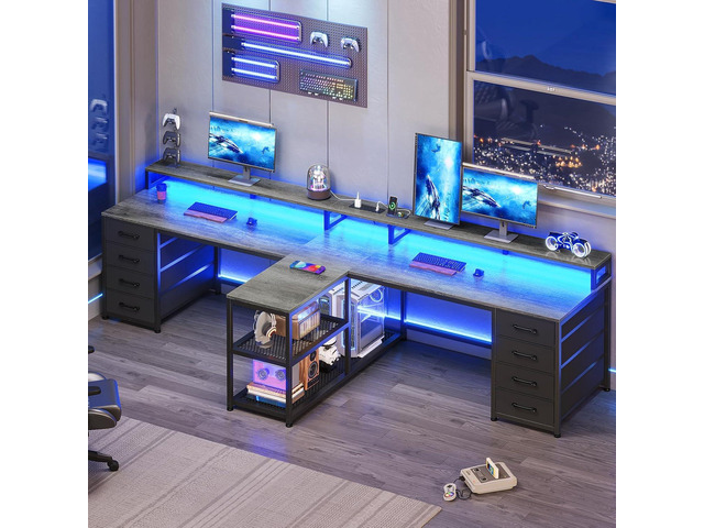 94.5' 2 Person Gaming Desk, Long Office Computer Desk with 8 Drawers & LED Lights, Two Person Desk with Storage, Power Strip & Monitor Stand for...