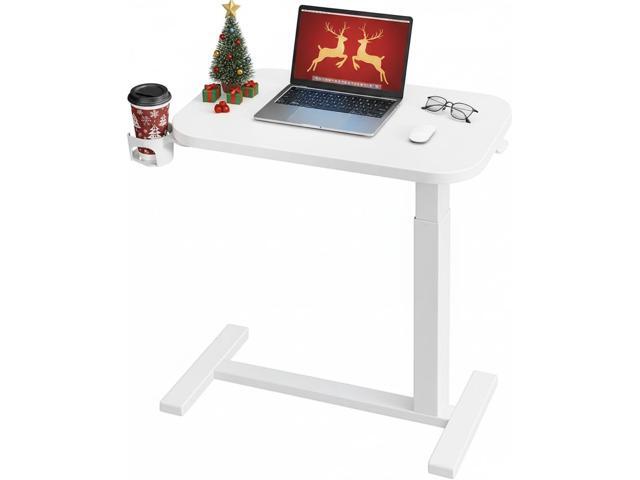 28Inch Bedside Table with Wheels, Height-Adjustable Rolling Computer Cart, Overbed Table with Cup Holder, Pneumatic Laptop Standing Desk for Home...