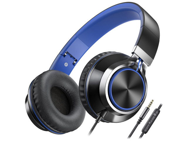 C8 Kids Wired Headphones with Mic for School, 3.5mm Jack, BlackBlue On Ear Headsets and Volume Control Foldable, Corded Computer Chromebook for...