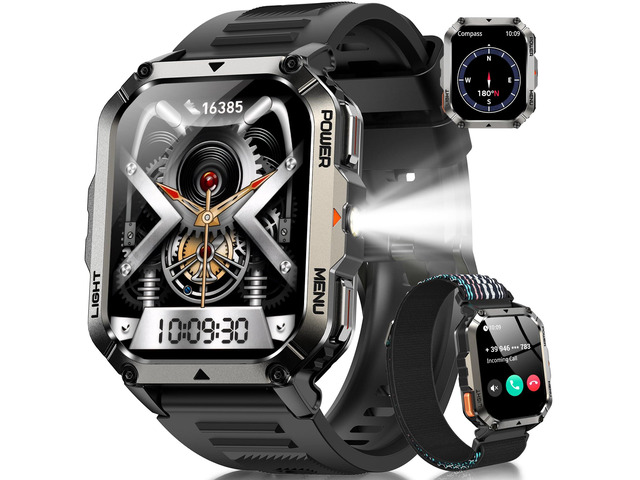 Military Tactical Smart Watches for Men, 100-Day Battery Rugged Fitness Watch with Compass & Flashlight, Sports Watch for Android with 2.01' HD...