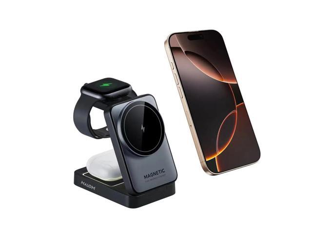 MALOM W91 Foldable 3in1 Magnetic Wireless Charger for iPhone, Apple Watch & AirPods MagSafe Compatible + Builtin Nightlight