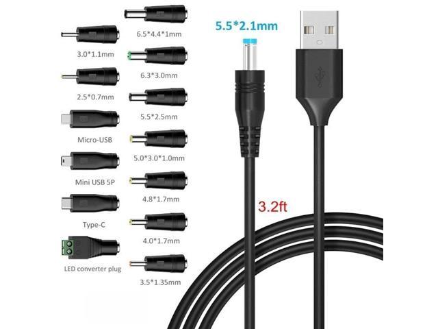 5V Universal DC Power Cable USB to DC Charging Cord 5.5x2.1mm with 13Pcs Adapter