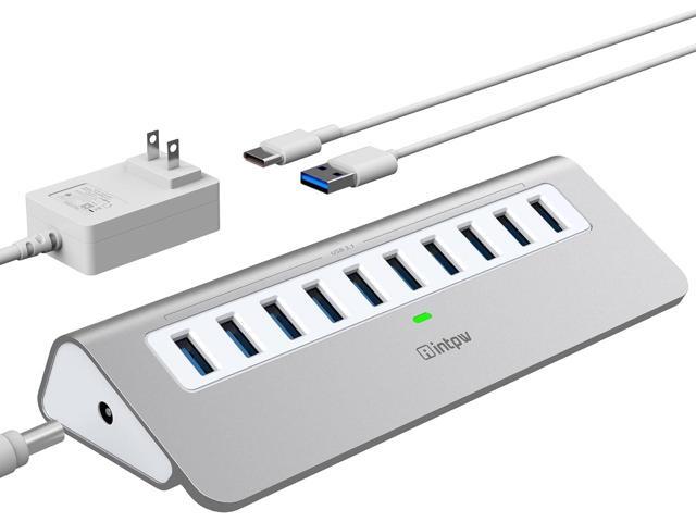 Powered USB Hub 10Gbps, 10 Port USB 3.2 Gen 2 Hub with 10Gbps Data Transfer, 36W(12V/3A) Power Adapter, Type A and Type C Cable, Aluminum USB Data...