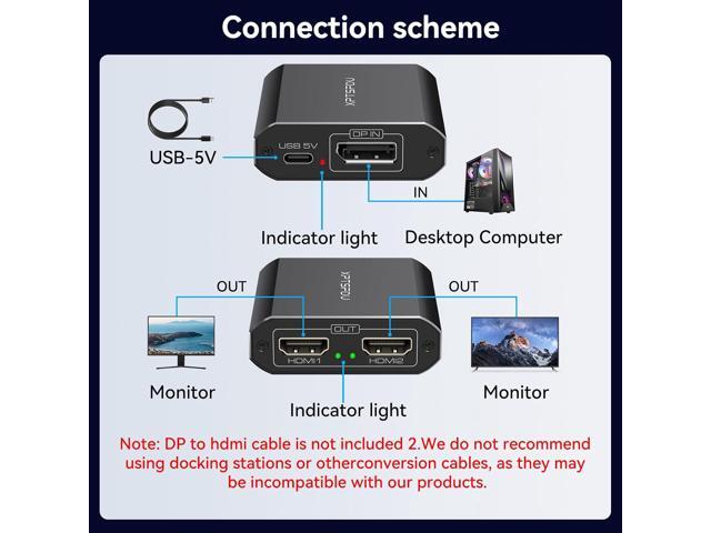DisplayPort to HDMI Splitter 4K60Hz DP to Dual HDMI Splitter 1 in 2 Out Extended Display with Power Cable Supports Extended and Mirror Mode for...