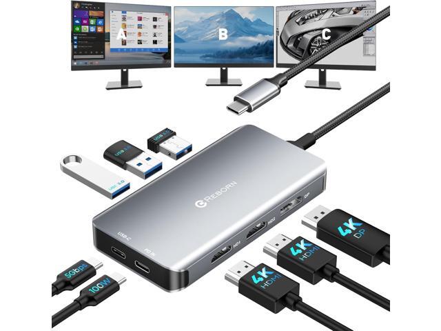 Reborn USB-C Docking Station Dual Monitor Adapter, Laptop Docking Station 3 Monitors Triple Display USBC Hub Dongle to 4K60Hz HDMI+DP,3 USB3.0,100W...