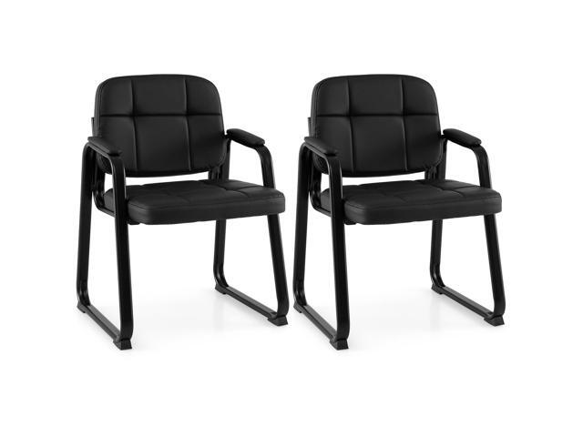 Waiting Room Guest Chairs Set of 2, Leather Office Reception Chairs with Padded Armrests, Sled Base, Metal Frame, Stationary Side Chairs No Wheels.