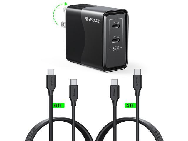 Esoulk Premium 65W GaN 2-Port Dual USB-C Wall Charger Adapter with 2 Cables for iPhone 17 Pro Max, Macbook, iPad, Samsung