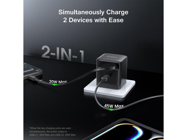 Esoulk 65W Dual USB-C PD 3.0 PPS Wall Charger with Retractable USB-C Cable