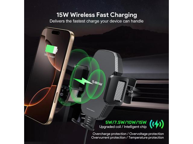 Esoulk Wireless Car Charger, 15W Fast Charging Auto-Clamping Phone Mount Air Vent Holder For Samsung iPhone Universal