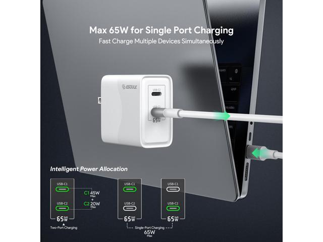 Esoulk Premium 65W GaN 2-Port Dual USB-C Wall Charger Adapter for iPhone 17 Pro Max, Macbook, iPad, iPhone, Samsung Smartphones