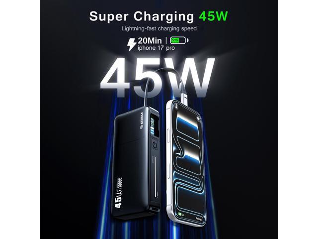 Esoulk 10,000mAh 45W USB-C PD Power Bank with Built-In USB-C Cable