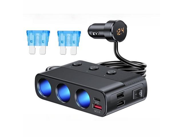 3 Way 12V Car Power Splitter with USB Fast Charger for Cigarette Lighter Socket