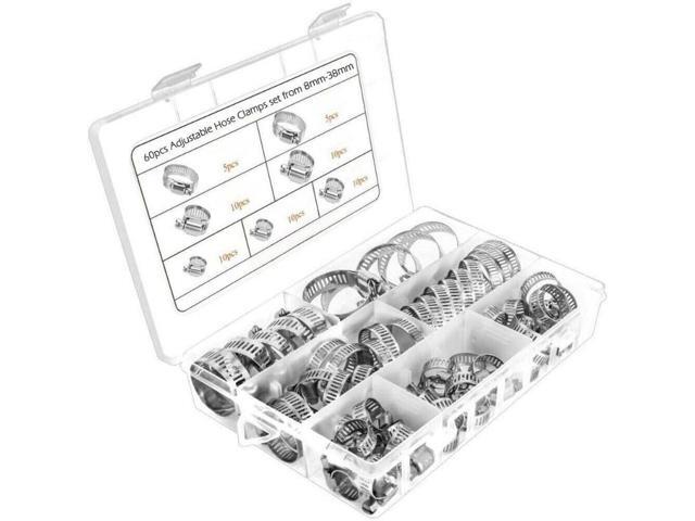 60pcs Adjustable Hose Clamps Worm Gear Stainless Steel Clamp Assortment kits