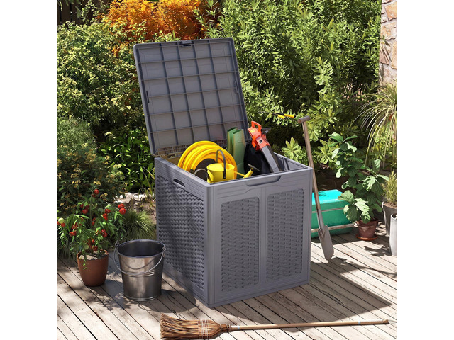 SPORFIT Large Outdoor Storage Box w/Lid, Handles, Light Gray, 39 Gallon