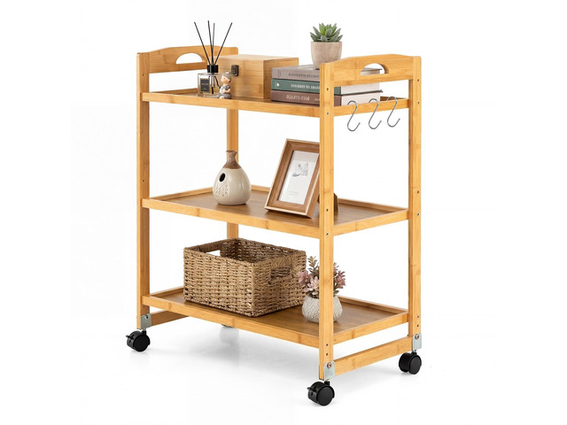 SPORFIT 3-Tier Rolling Storage Cart Adjustable Wood Utility Organizer Shelf