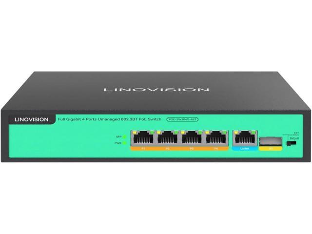 LINOVISION 4 Ports Full Gigabit PoE++ Switch, Built-in 96W Power, All 4 Ports Support BT 90W, Sufficient Power for All IEEE 802.3 af/at/bt PoE...