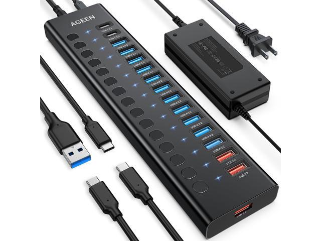 AGEEN 16-Port Powered USB 3.2 Hub-10Gbps SuperSpeed Data Splitter with 2 USB-C & 11 USB-A Ports, 3 x 24W QC 3.0 Fast Charging Ports, Individual...