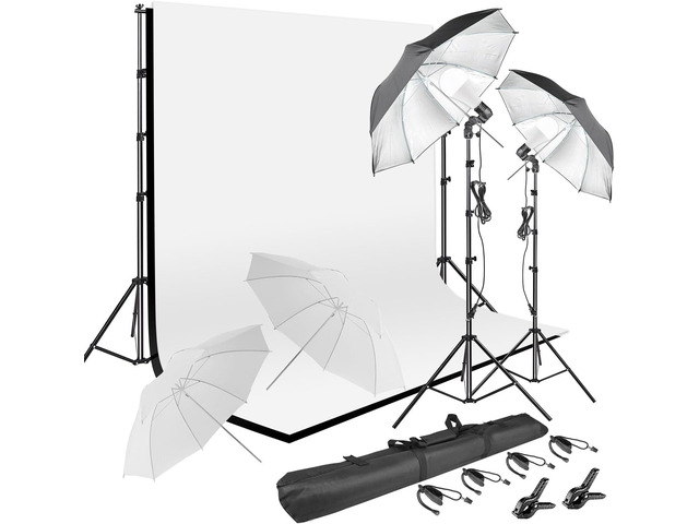 HYJ-INC Photography Umbrella Lighting Kit with 85w Led Bulb,Muslin Backdrop (White Black), Backdrop, Clips Clamp,8.5 * 10ft Photo Background...