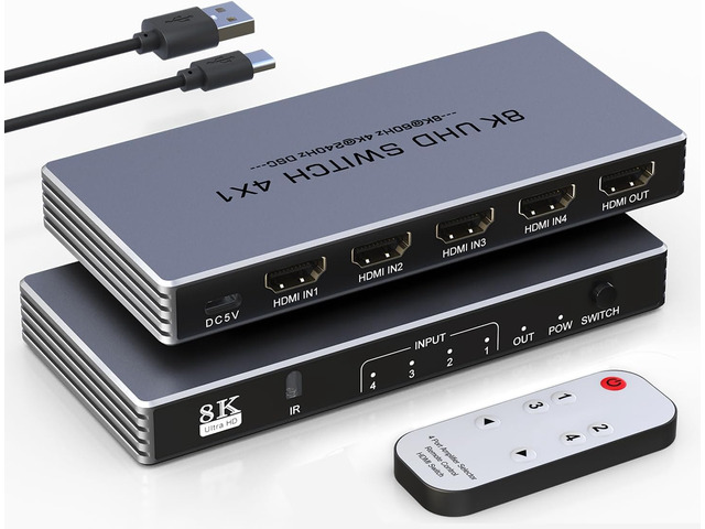 Hdmi Switcher 4 in 1 Out - New 8K@60Hz 4K@240Hz/144Hz/120Hz HDMI Splitter with Remote Support 3D/HDR/HDCP2.3, for PS5/4 Xbox Nintendo Switch Roku...