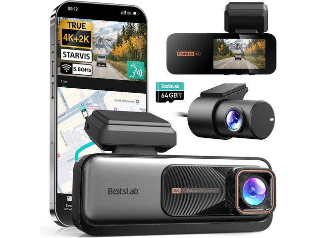 BOTSLAB 4K+2K Dual Dash Cam Front and Rear, Dashcam with Voice Control, STARVIS, ADAS Driver Alerts, Starry Night Vision, 24/7 Parking Monitor,...