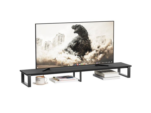 59.8 Inch Large Tabletop TV Riser Stand, Steel & Wood Media Shelf for 30-75 Inch Screens, Home & Office Organizer, Black