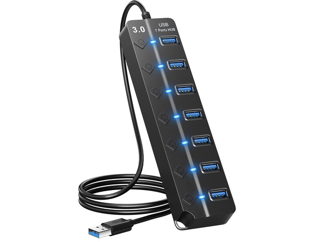 SOEWIOU USB Hub 3.0, 7-Port USB Hub Splitter with Individual On/Off Switches and Lights, 3.2ft/1m Long Cable Compatible with MacBook, Laptop,...