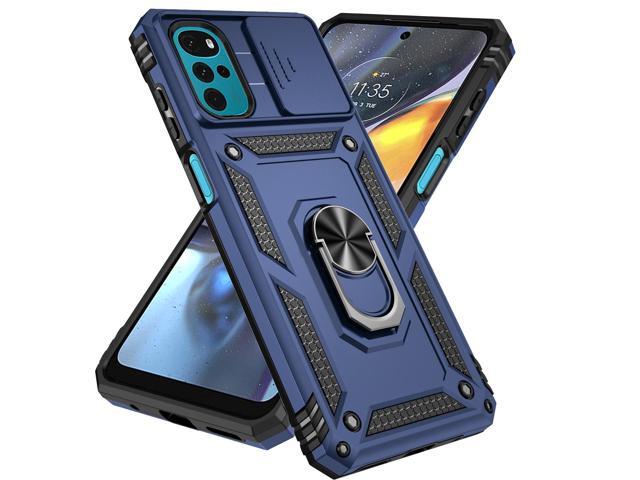 SOEWIOU for Motorola EDGE 5G 2025 Case, with Slide Camera Cover HD Screen Protector Ring Holder Kickstand Protective Phone Case, Navy Blue