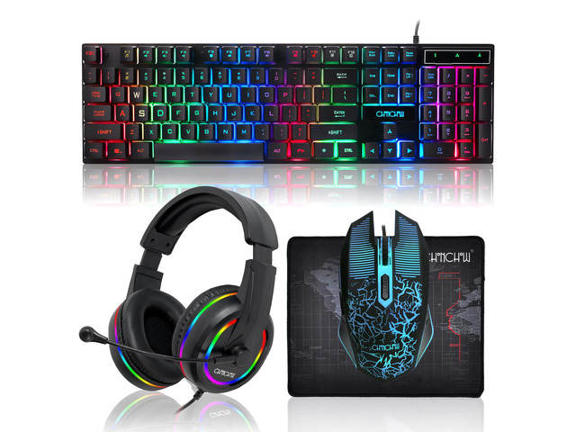 Gaming LED Keyboard Mouse Headset and Mousepad Bundle,Wired Rainbow LED Light Up Gaming Keyboard Mouse Headset, Value 4 In 1 Game Set for Xbox...