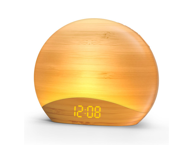 Wood Grain Sunrise Alarm Clock, Bluetooth Speaker, FM Radio & Light Gradual wake up light, digital dimmable clock, reading lamps, colorful night...