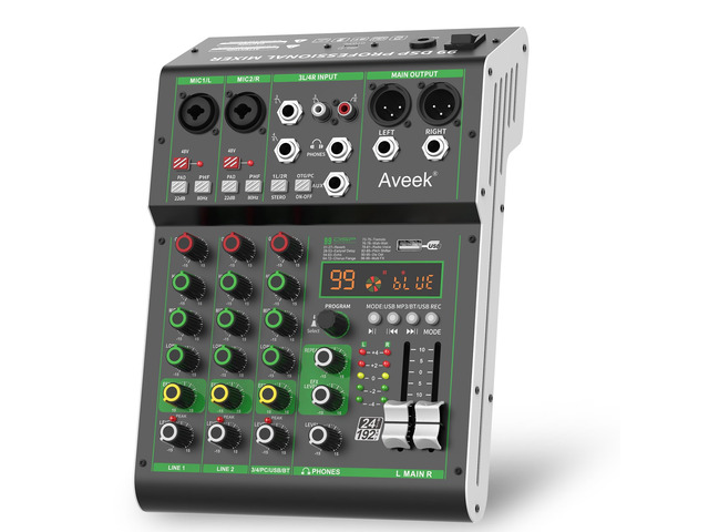 Audio Mixer, 4 Channel Mixer with Bluetooth and USB Recording DJ Mixing Console with 99 DSP Effects, 48V Phantom Power, PC Recording Mixer for...