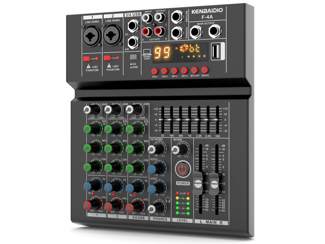 Audio Mixer, Professional DJ Mixer Sound Board 99 DSP Effect, 7-Band EQ, 4 Channel Digital Mixer USB Bluetooth MP3 Input,48V Phantom Power DJ...