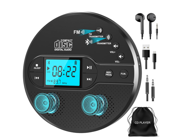 Portable CD Player with Bluetooth & Speaker, FM Transmitter for Car 9H Rechargeable with Anti-Skip, Supports CD/MP3, USB/AUX Output, CD Player with...