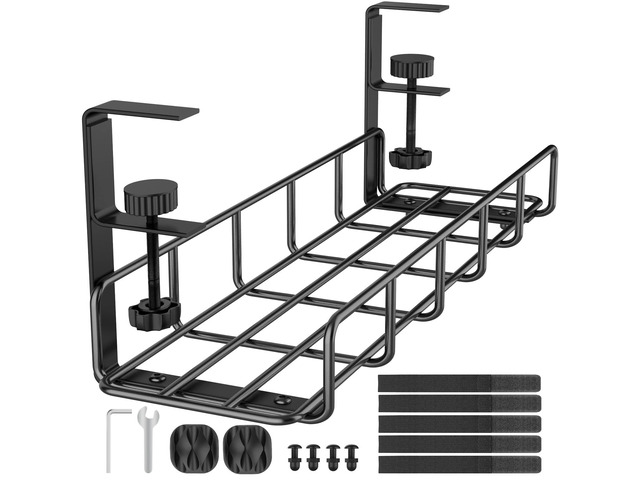 Under Desk Cable Management Tray No Drill Steel Tray Black No drill steel under desk cable tray 15.7',Clamp mount wire organizer,Metal desk cord...