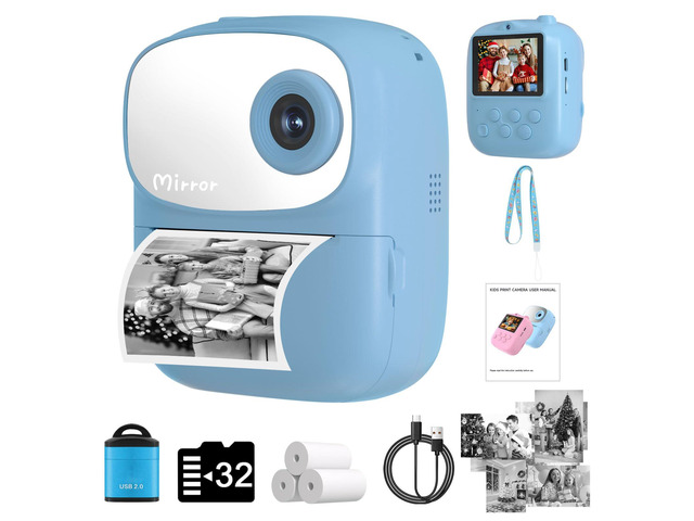 Kids Camera Instant Print for Kids, Kid Camera Instant with Mirror, HD Dual-Lens Selfie Digital Camera with 3 Rolls Print Paper & 32GB Card,...
