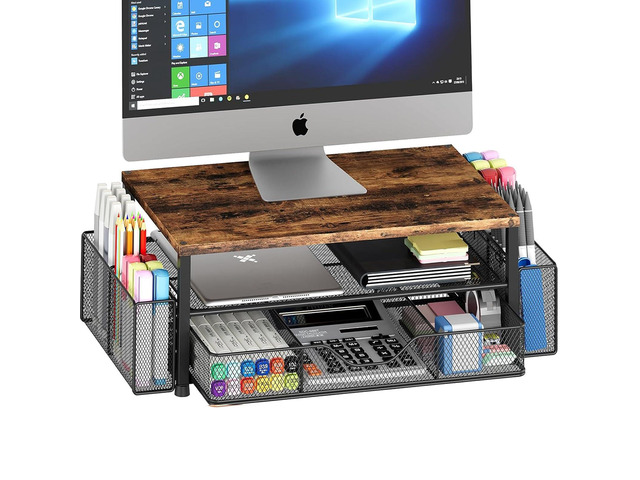 Desk Organizer and Accessories, 2-Tier Computer Monitor Stand Riser with Drawer and 2 Pen Holders, Laptop Stand, Office Desk Accessories for Office...