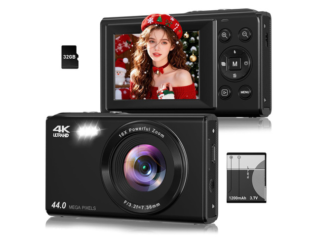 Digital Camera, 4K 44MP Autofocus Point and Shoot Camera with 16X Zoom 2.4' LCD Portable Compact Camera for Kids Teens Boys Girls Adults