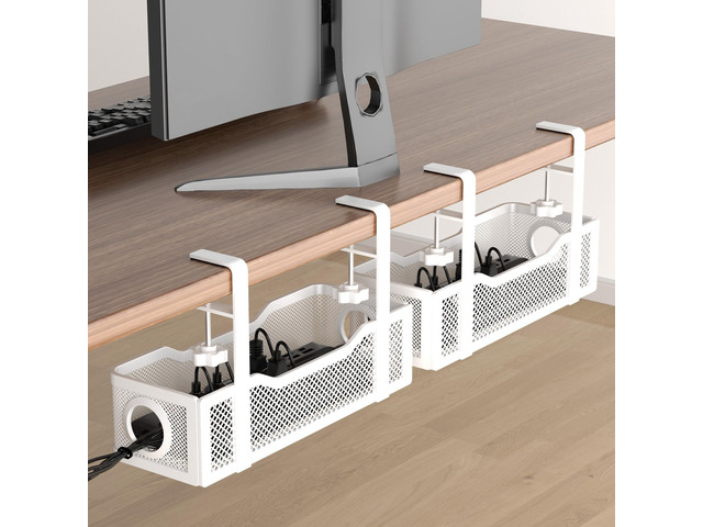 2 Pack Under Desk Cable Management Box White, 26.8' Wire Organizers No Drill, Cord Organization Tray with Clamp for Office, Home - No Damage to Desk