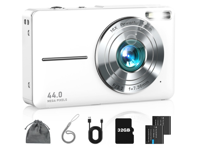 Digital Camera FHD 1080P Point and Shoot Camera with 32GB Card, Pearl White 16X Zoom Anti-Shake Filters, Compact Small Camera Gift for Teen Starter...