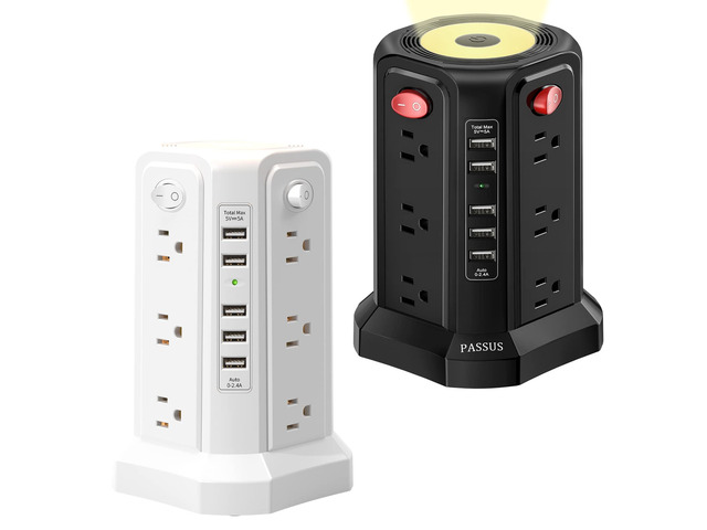 Surge Protector Power Strip Tower with 5 USB Ports and Night Light, 10FT Extension Cord with 12 AC Multiple Outlets, Power Tower, Overload...